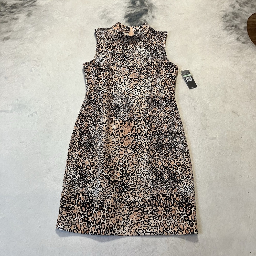 Sharagano Dress Womens Size Animal Print‎ Sleeveless Crepe Mock Neck Sheath